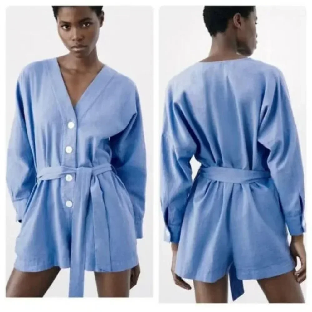 NEW ZARA LINEN BLEND BELTED SHORT JUMPSUIT MID BLUE S